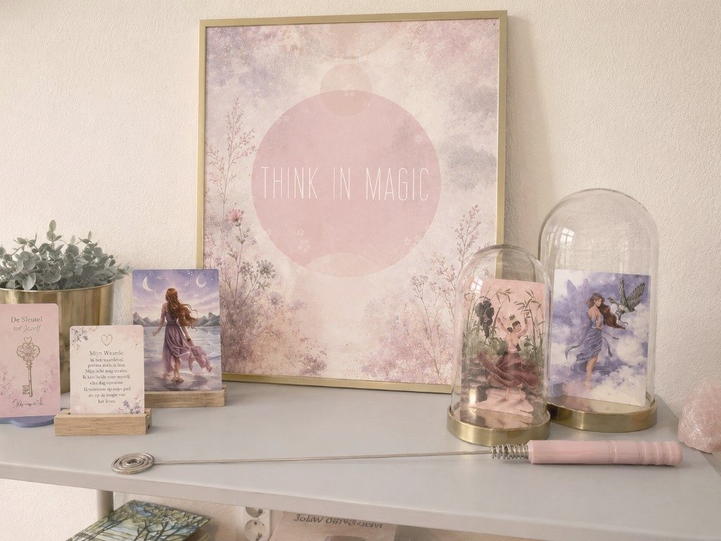 Schap met poster Think in Magic, illustraties in een stolp, plant en biotensor in de praktijkruimte